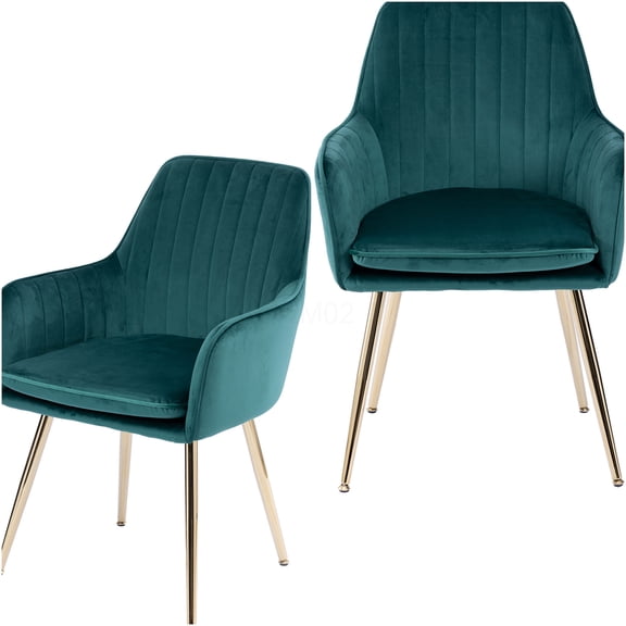 Green Velvet Dining Chairs Set of 2 with Gold Metal Legs - Modern Upholstered Mid-Back Accent Chairs for Kitchen and Living Room
