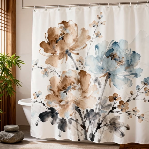 Annvchi  Watercolor Peony Peel and Stick Wallpaper, Blue and Brown Ink-Style Floral Wall Mural, Removable Botanical Wall Décor for Bedroom and Living Room