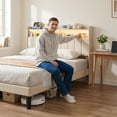 thumbnail image 2 of Lofka Full Size Bed Frame with Upholstered Headboard, Metal Bed Frame with Led Lights and Charging Station, App Control, Beige, 2 of 12