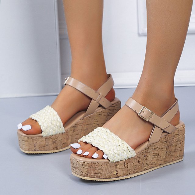 Sandalias tejidas con cuña y suela de madera sintética con hebilla vintage para mujer, zapatos para mamá