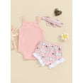 thumbnail image 4 of Suealasg Newborn Baby Girls Easter 3Pcs Clothes Sets 3M 6M 12M 18M Infant Girls Summer Outfits Letter Print Sleeveless Rompers Shorts Headband, 4 of 8
