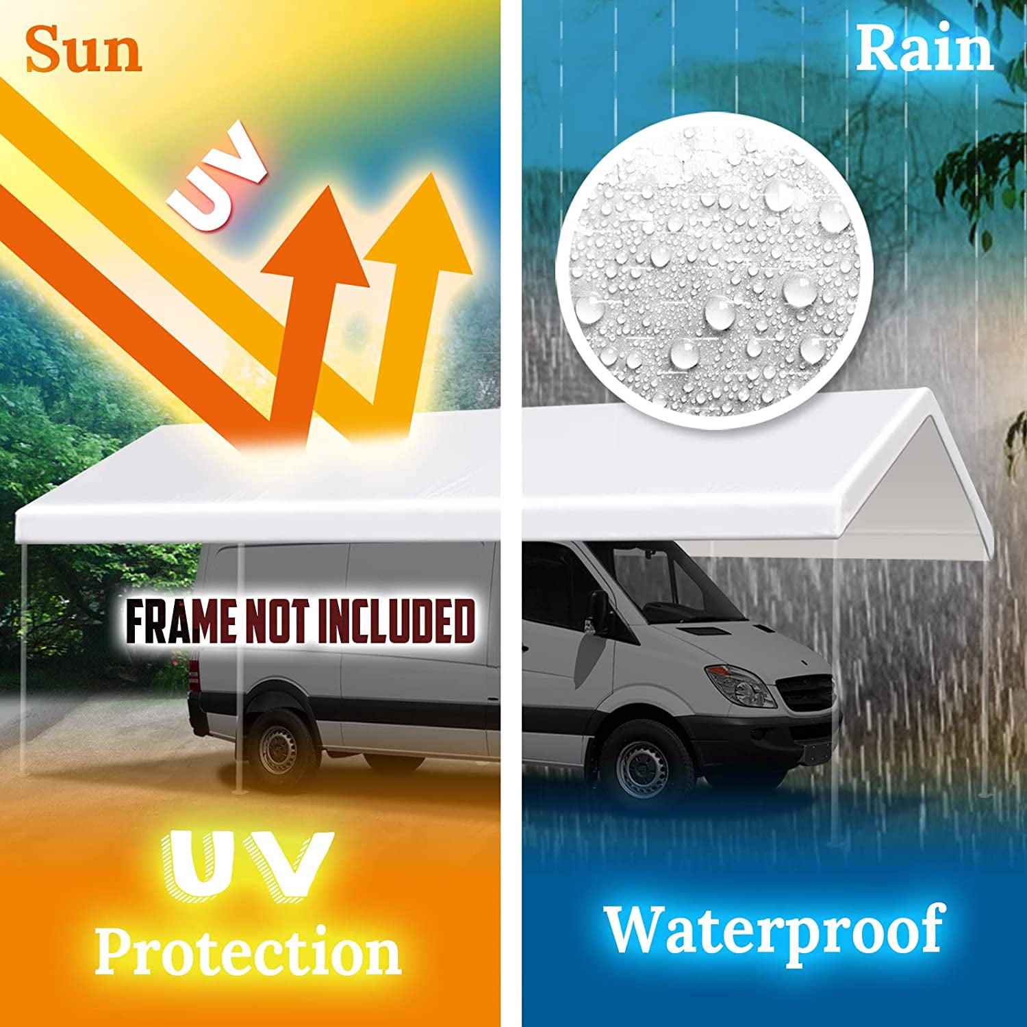 Vanteriam 10'x20' Carport Canopy Replacement Top Cover for Car Garage Shelter Party Tent with Ball Bungees White (Only Top Cover, Frame is not Included)