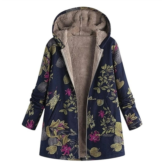 Women Warm Oversized Reversible Fleece Puffer Shearling Down Long Jackets Outerwear with Hood Leaf Dark Blue 5XL