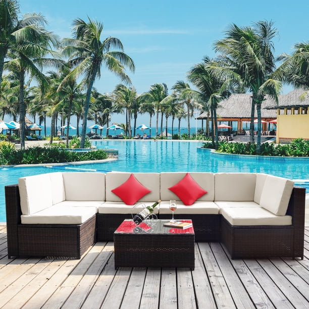 Outdoor Patio Furniture Sets Clearance Segmart New 7 Pieces Wicker Patio Furniture Set With Seat Cushions Tempered Glass Coffee Conversation Sets With 2 Pillows For Porch Backyard S5153 Walmart Com Walmart Com