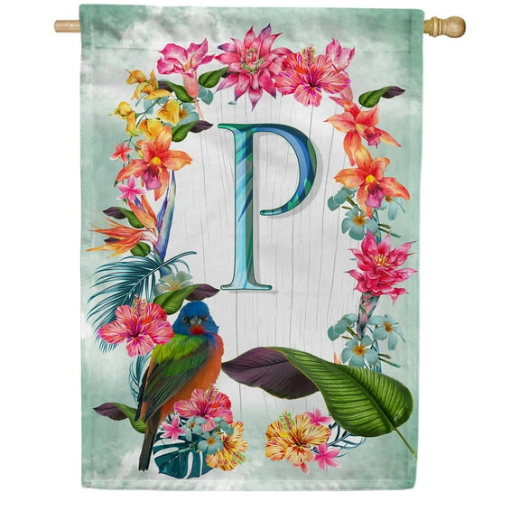 America Forever Summer Floral Wreath Monogram House Flag Letter P 28 x 40 inches Parrot Macaw Hibiscus Palm Leaves Double Sided Vertical Outdoor Yard Lawn Decorative Tropical House Flag