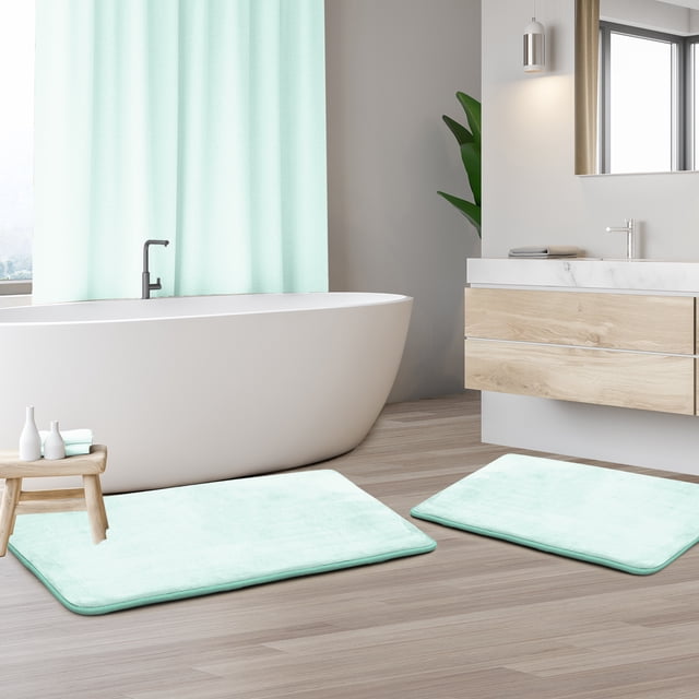 Set of 2 Small Clara Clark Bath Mat Bathroom Rug - Absorbent Memory Foam Bath Rugs - Non-Slip, Thick, Cozy Velvet Feel Microfiber Bathrug, Plush Shower, Toilet- Floor Bathmats Carpet - Aqua - 17"x24"
