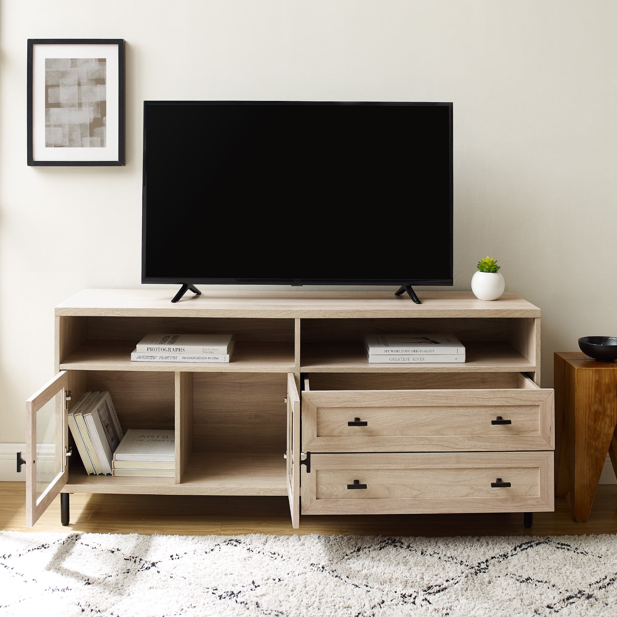 Manor Park Modern Wood and Glass TV Stand for TVs up to 60”, Birch