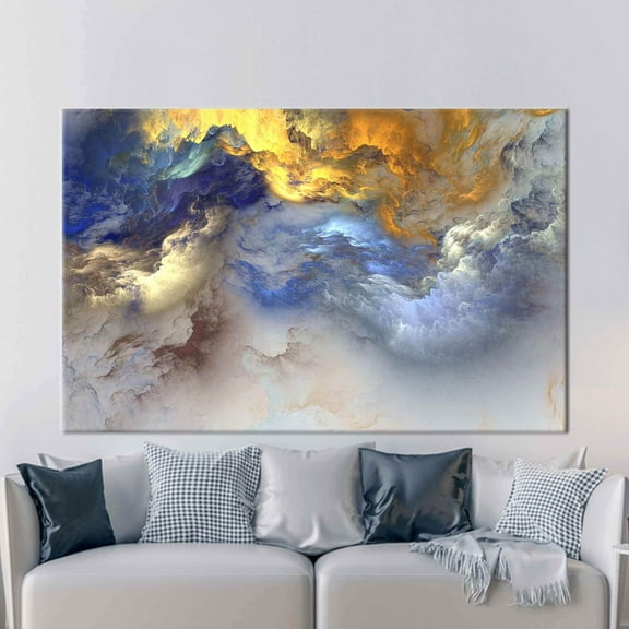 Yellow And Blue Art, Abstract Wall Decor, Yellow Cloudy Printed, Abstract Cloudy Printed, Blue Cloudy Printed, Contemporary Printed, Canvas Wall Decor - Gold Framed