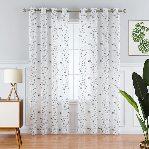 Haperlare Semi Sheer Curtains 52"W x 72"L Leaf Embroidered Grommet Voile Drapes for Living Room Bedroom Window Treatments, Gray, 2 Panels