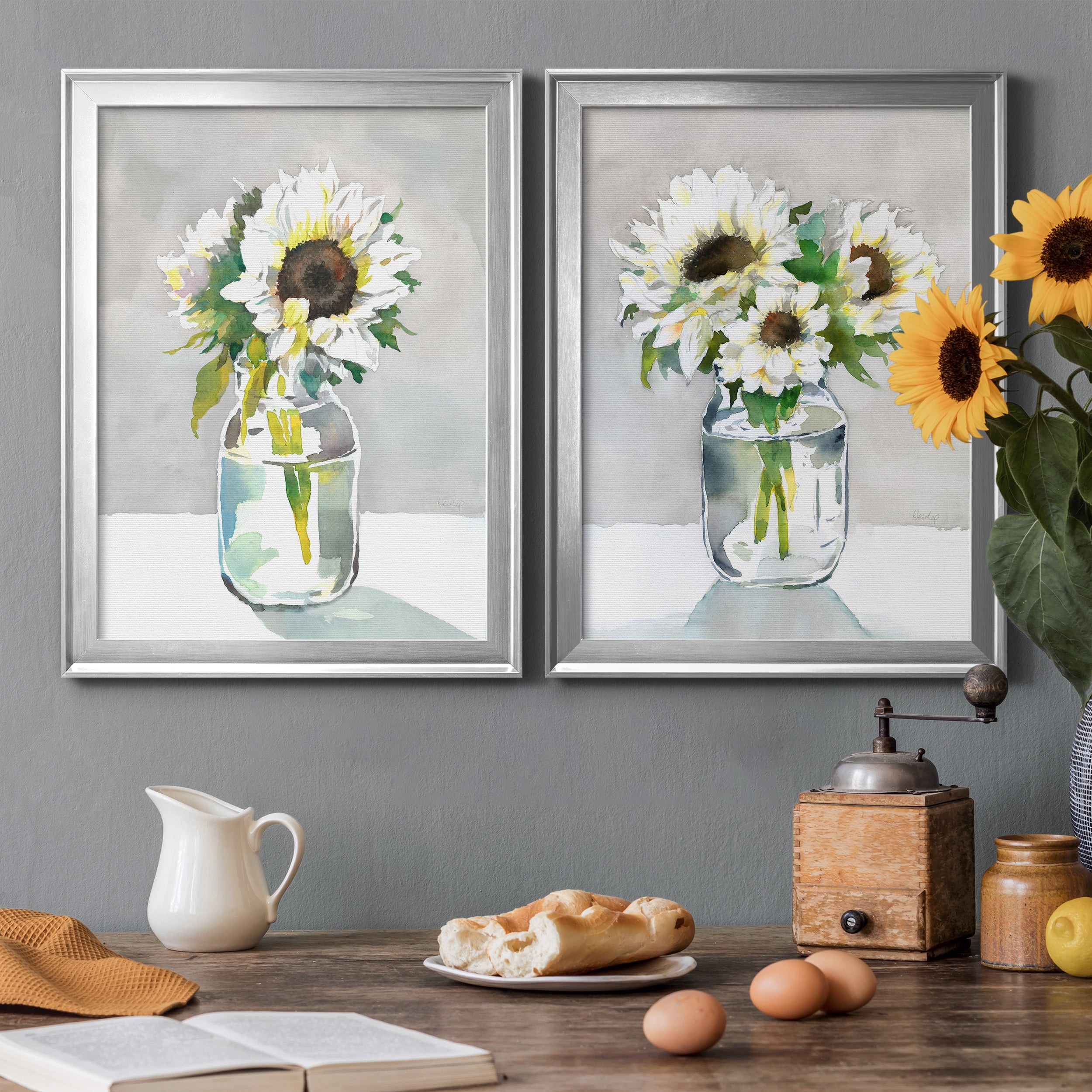 2 Piece Set Sunflower I Premium Framed Canvas - Ready to Hang - 22.5 x 30.5 Each - Silver Frame