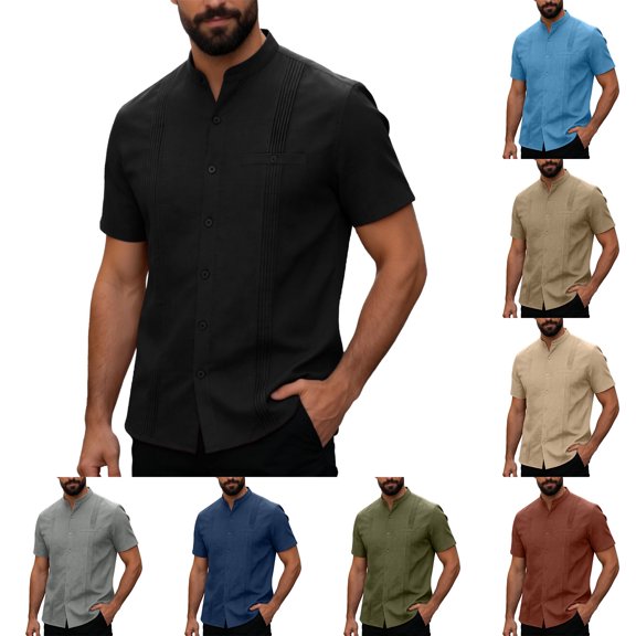 Men’s Short Sleeve Cotton Linen Shirt Summer Beach Casual Top