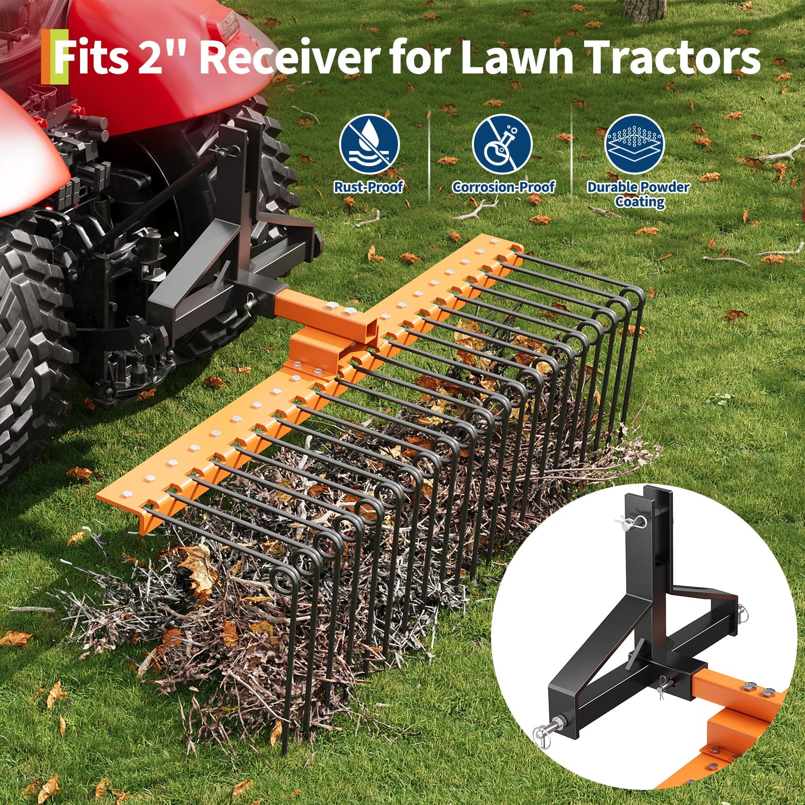 48In Landscape Rake, Tow Behind Landscape Rake, 360 Rotation Compatible with Category 1,Lawn Dethatcher Rake Attaches to 48" or 60",Cat1 Tractors Tow-Behind Garden Tool for Garden,Farm,Clearing Brush