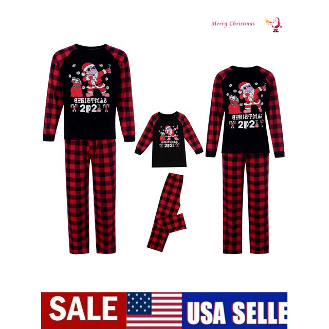Family Matching Christmas Pajamas Set Santa Gift Sleepwear Long Sleeve Tops Plaid Pants Holiday