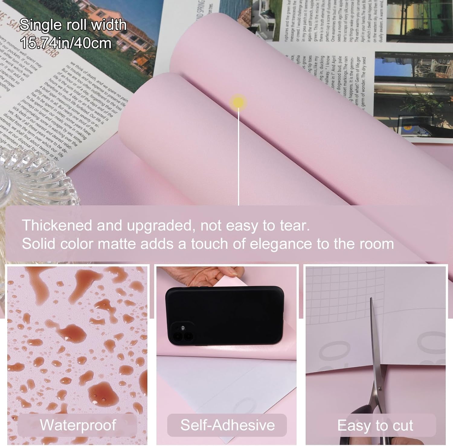 Pink Peel and Stick Wallpaper Solid Pink Contact Paper A Set of 15.7"x236" Matte Self Adhesive Waterproof Vinyl Roll for Wall Coverings,Cabinets,Countertops,Bedroom,Kitchen