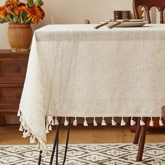 suxuMhao Tassel Cotton Linen Tablecloth, 47*63in 1 Piece, Dining & Coffee Table Cover, Reusable Fabric Fall Tablecloth, for Home Decor & Outdoor Use, Beige, Style 1