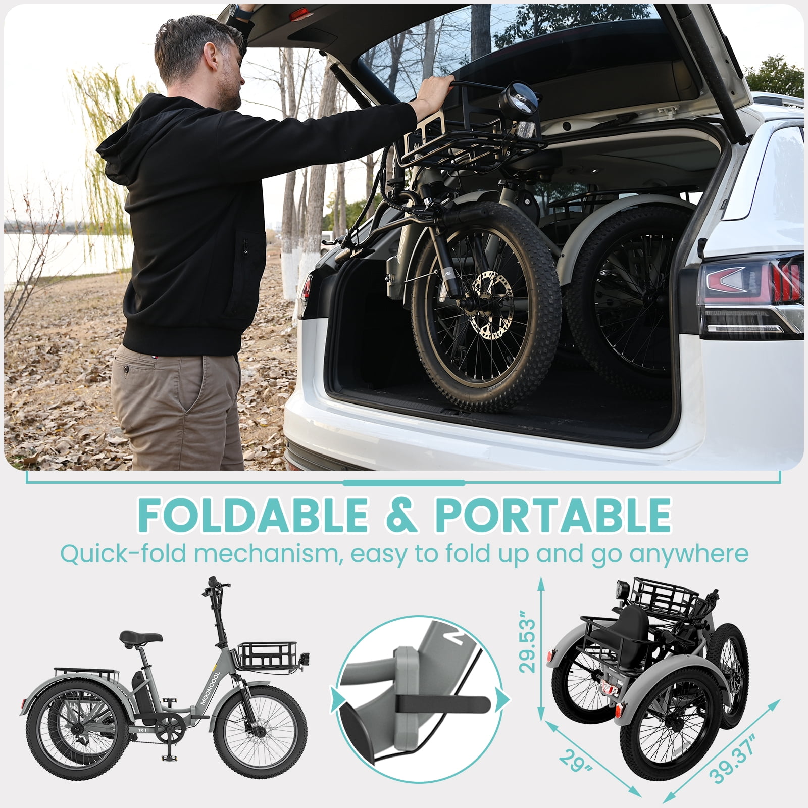 Lilypelle  Folding Electric Tricycle for Adults, Peak 1000W Motor 48V Foldable Ebike Electric Trike, 20" Fat Tire 3 Wheel Electric Bicycle with Front & Rear Baskets & Pet Carrier