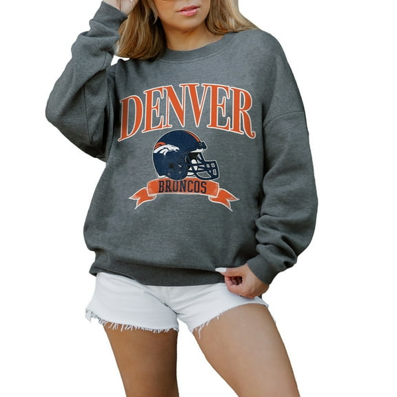 Women's Gameday Couture Charcoal Denver Broncos Oversized Seal The Deal Premium Fleece Drop Shoulder Pullover Sweatshirt