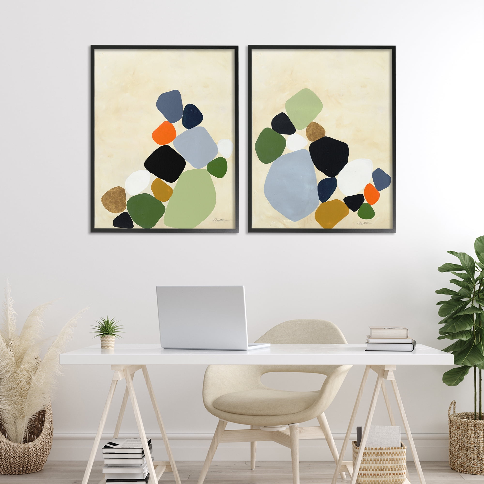 Stupell Industries Curved Clusters of Pebbles 2 Piece Black Framed Giclee Art Set, design by Ruth Fromstein
