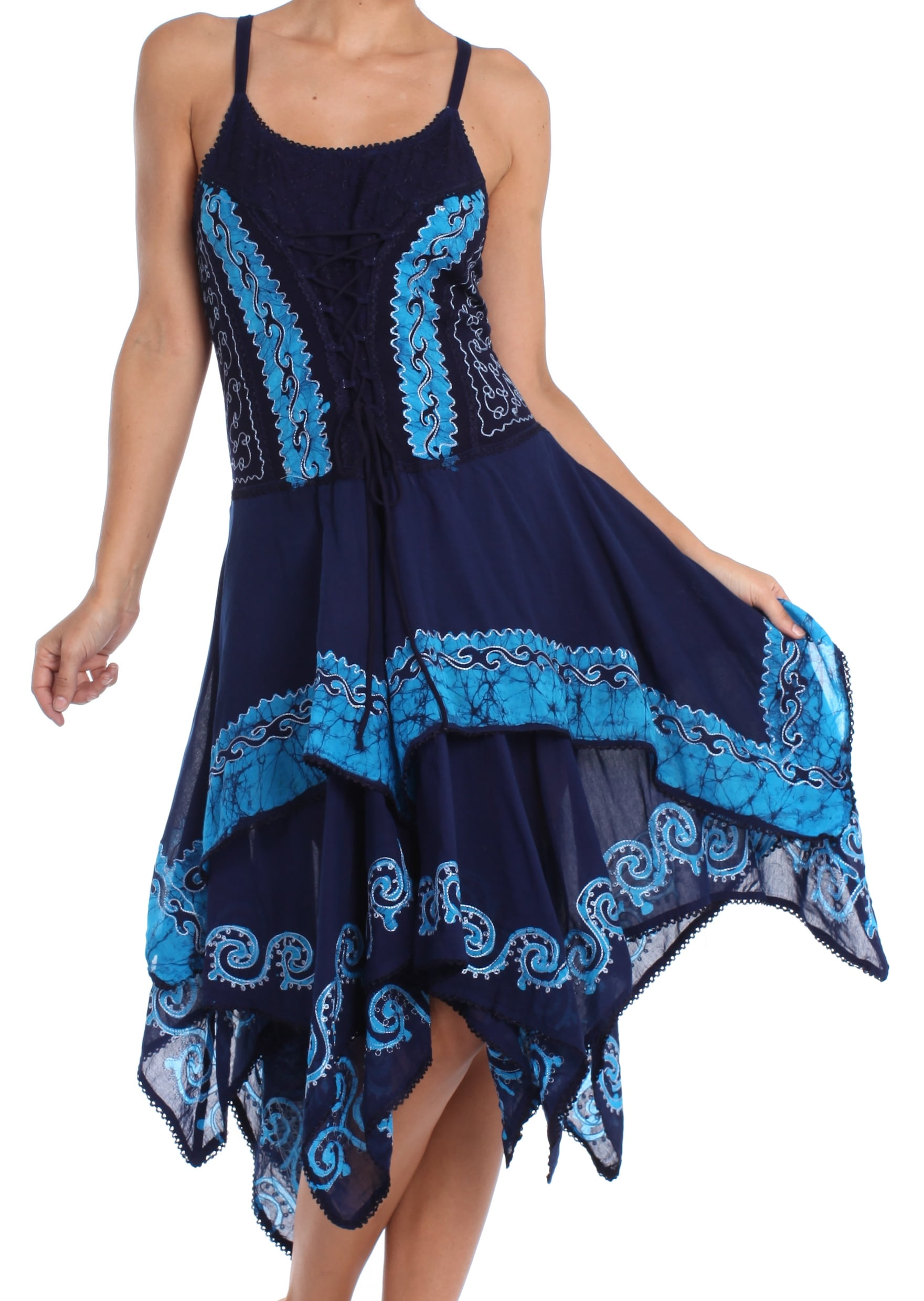Sakkas Sakkas Batik Corset Style Bodice Handkerchief Hem Dress Navy / Turquoise One Size