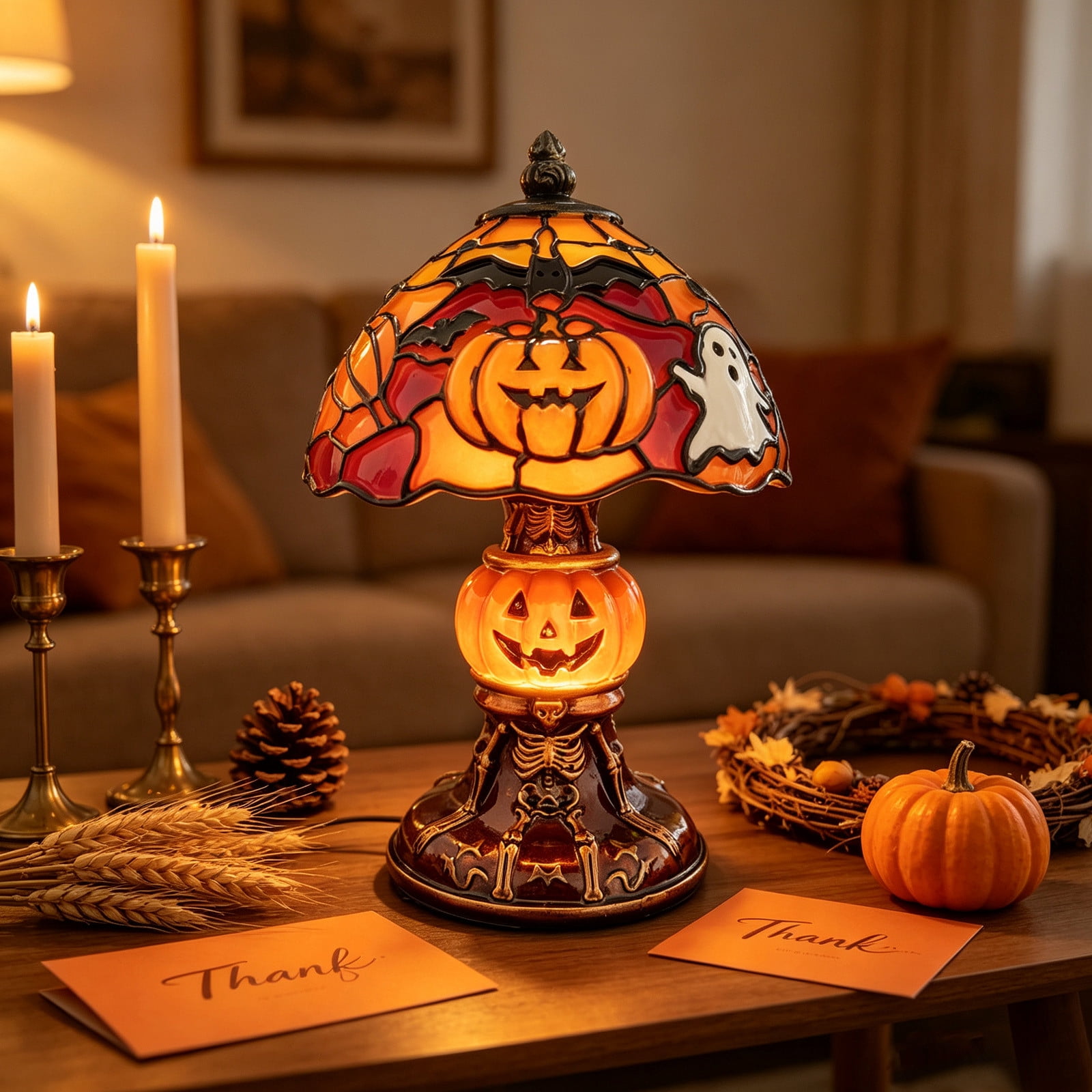 Pumpkin night light with cozy Halloween decorations