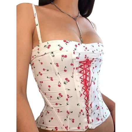 

Tregren Women Kawaii Cute Cheery Print Corset Camis Bandage Sleeveless Crop Tops for Streetwear Clubwear