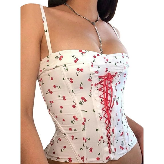 Lnzyyephy Women Corset Camisole Summer Casual Cherry Print Bandage Sleeveless Crop Tops for Streetwear Clubwear
