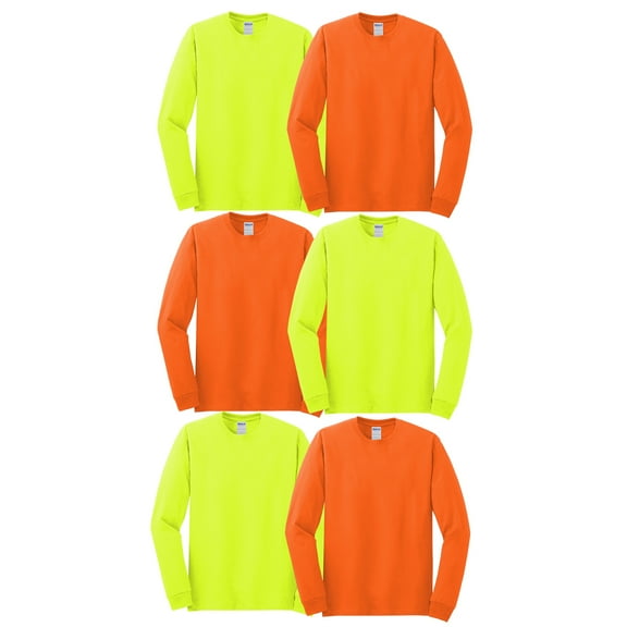 Gildan Heavy Cotton Hi-Vis Long Sleeve T-Shirt, Men's Workwear, Safety Green and Safety Orange, S