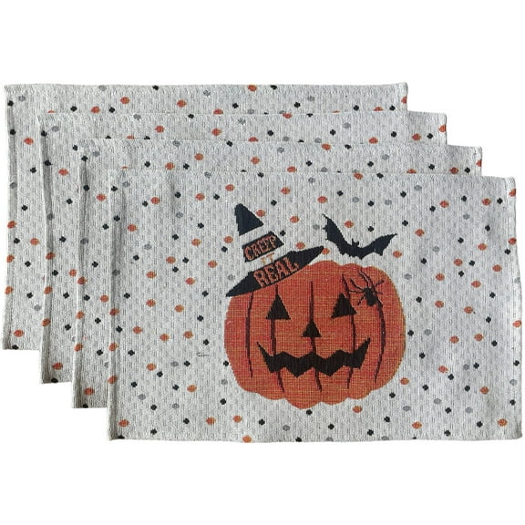 Set of 4, Halloween Jack-o-Lantern Pumpkin, Bat, Witch Cap Tapestry Placemats Dining Table, Table mat for Dining Room Easy to Clean, Machine Washable Size: 13” x 19”.