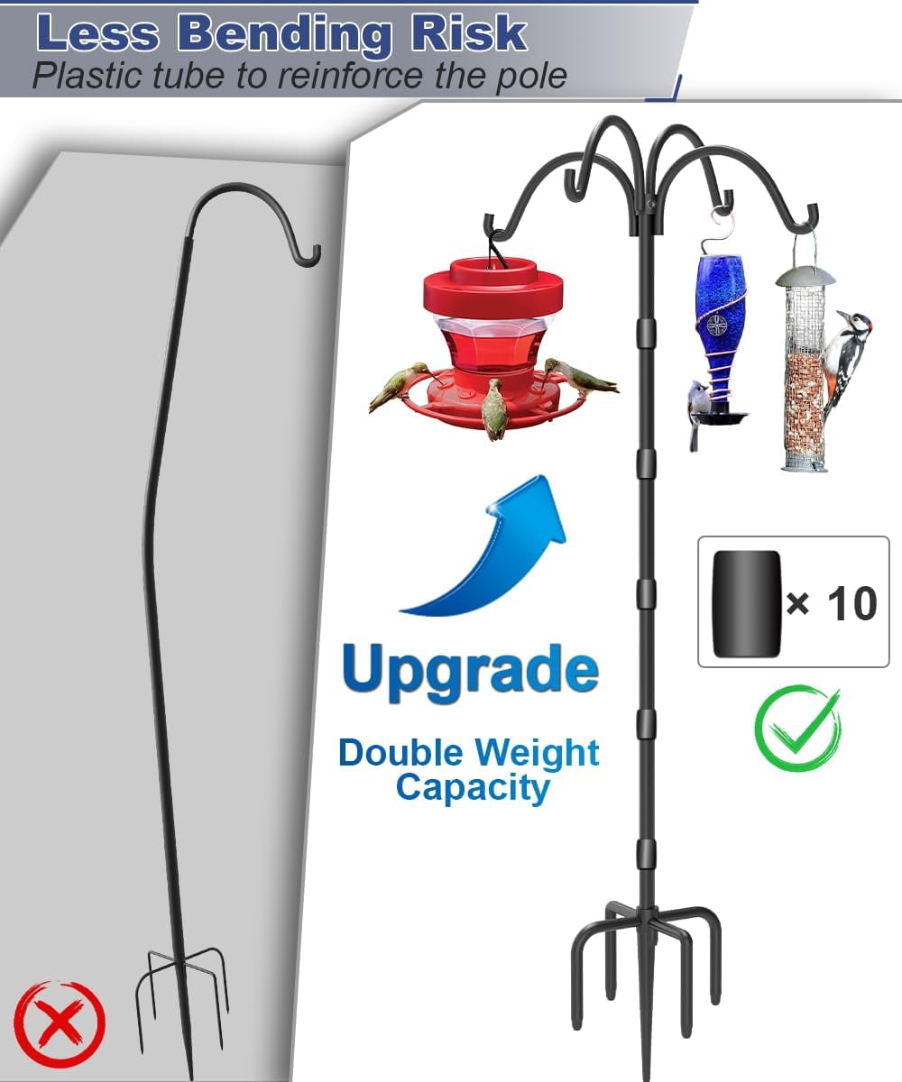 Upgrade 4-Hook Shepherds Hooks for Outdoor with Plastic Tube, 92" Heavy Duty Bird Feeder Pole with 5 Prongs Base, Adjustable Garden Hook for Solar Light, Hanging Plant, Wedding Decor, 2 Pack