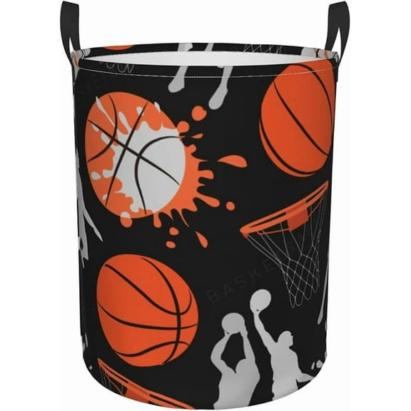 Basketball Sport Print Round Laundry Hamper Storage Basket Toys Clothes Organizer Bin For Home Bathroom Bedroom Dorm Nursery