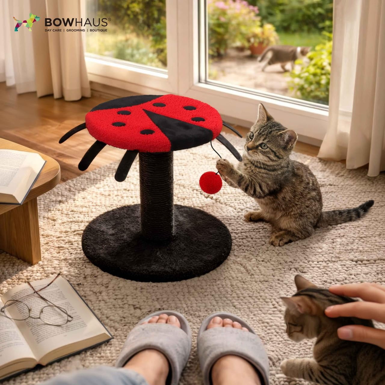 CAPHAUS Lady Bug-Style Cat Scratching Post, Cat Scratcher with Sisal Rope and Interactive Hanging Ball, 10 Inch Scratching Post for Indoor Cats and Kittens