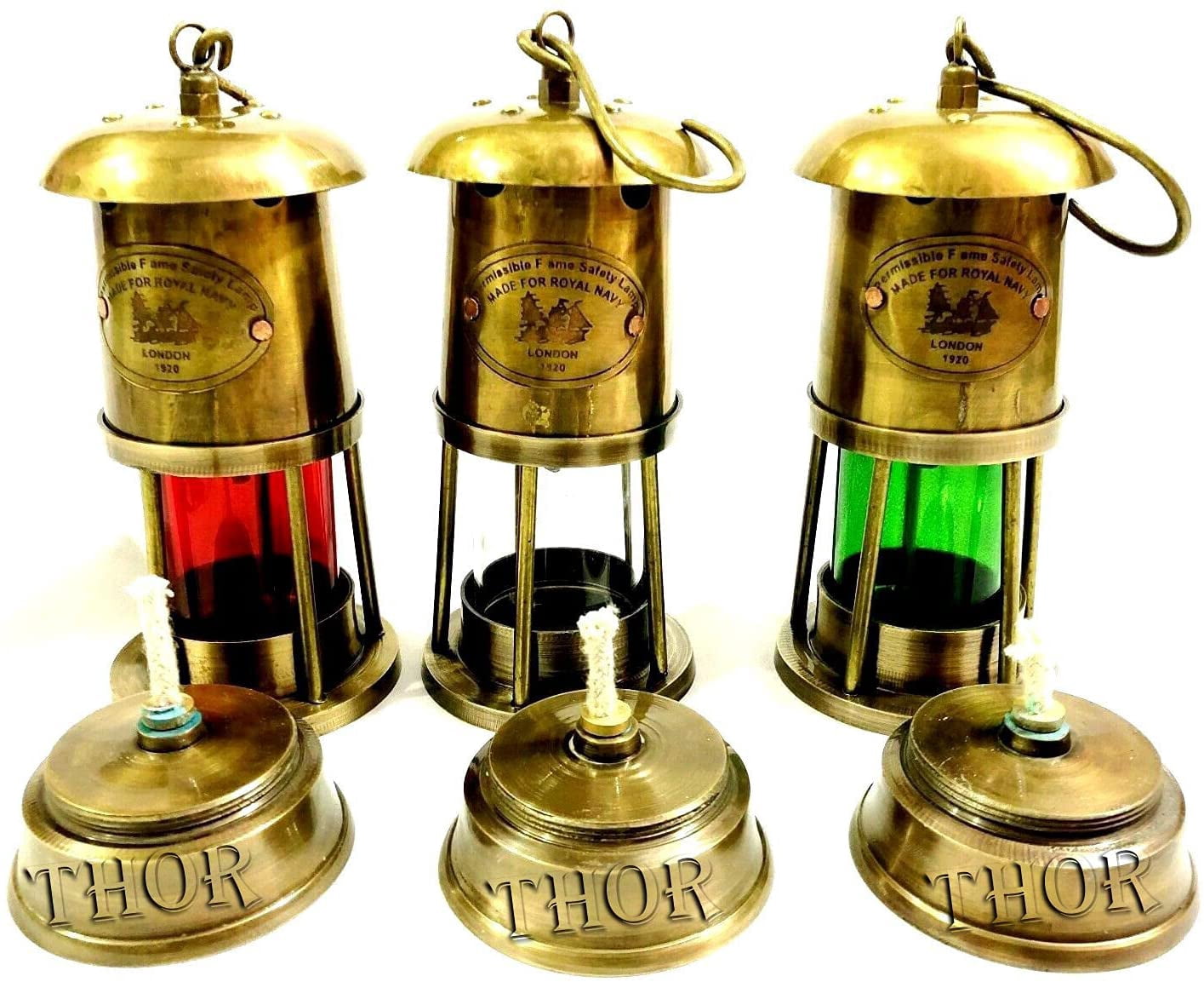 Nautical Miner Lamps Set of Three Ship Oil Lamp Red White & Green Glass 6 Inches Vintage Decor