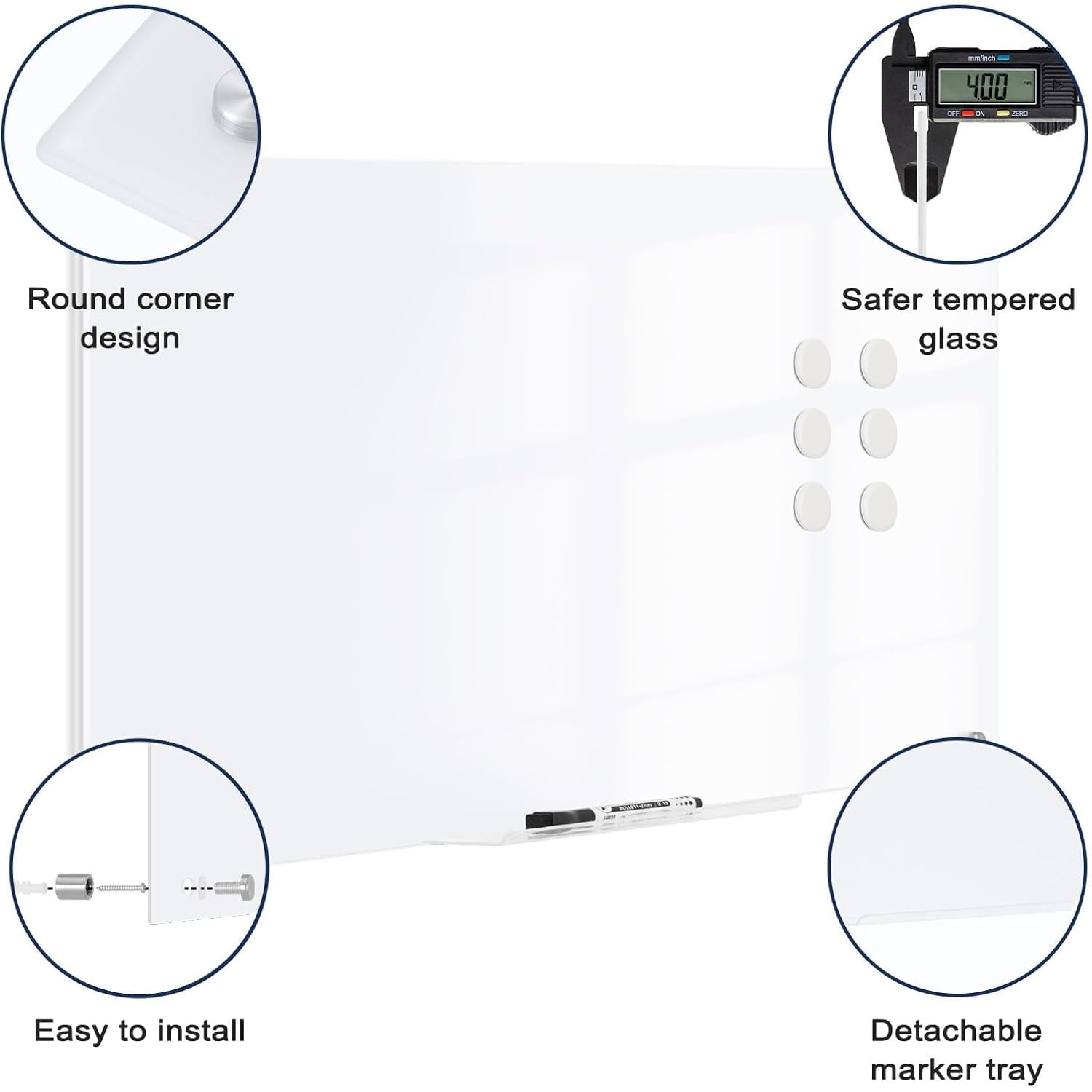 Magnetic Glass Whiteboard, 24" x 18" Dry Erase Board for Wall, Frameless White Board with 1 Marker Tray and 3 Magnets for Office, Home, Classroom -Ultra White