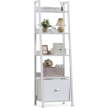 Furologee 5-Tier White Ladder Shelf, Ladder Bookshelf with Removable Drawer, Mordern Bookcase Storage Rack Organizer, Wood Metal Freestanding Storage Shelves for Living Room, Home Office, Bedroom