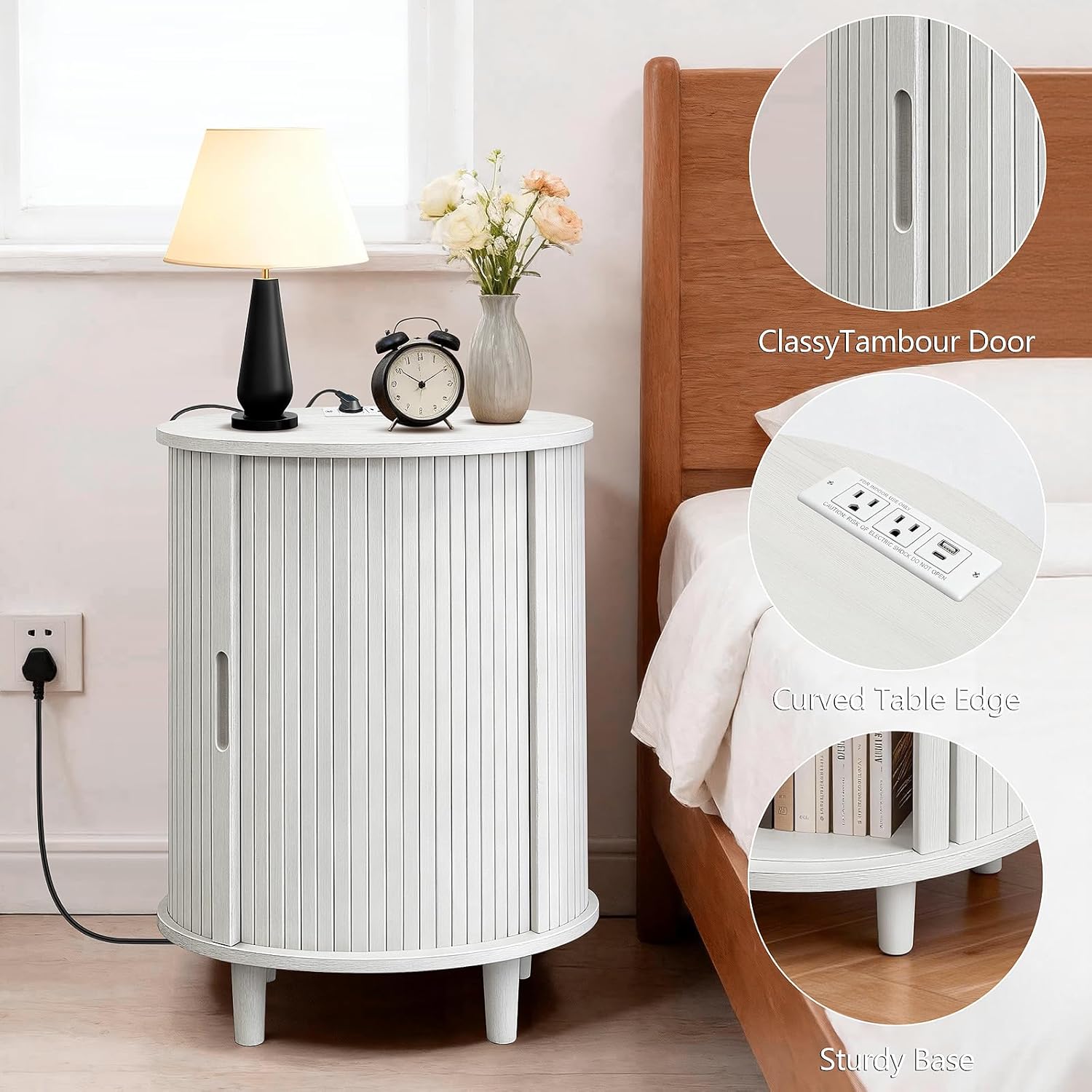 Mid-Century Fluted Round End Table with Storage & Charging Station, Sliding Door and Adjustable Shelf, White Nightstand for Small Spaces, Living Room, Bedroom
