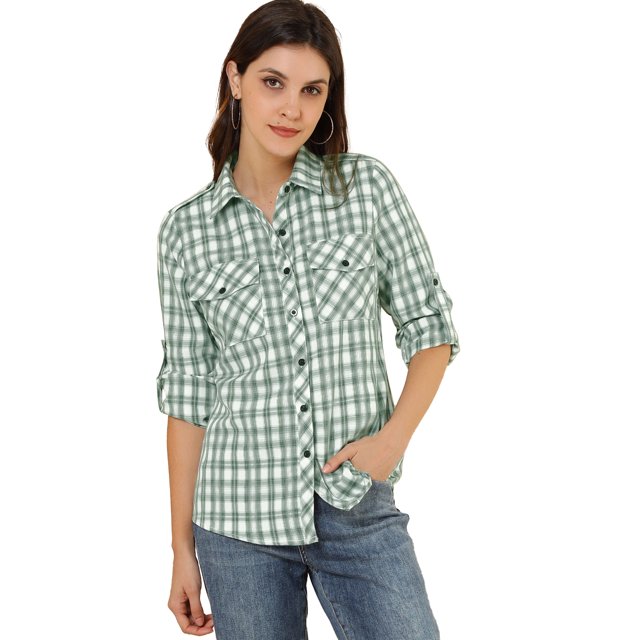 Unique Bargains Chemise Junior à Manches Retroussables à Carreaux avec Poches à Rabat
