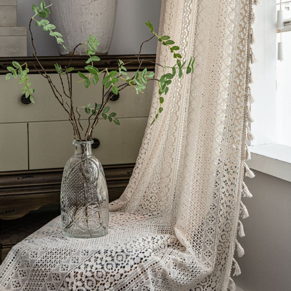 Boho Tassel Crochet Curtains for Living Room,Vintage Rod Pocket Bohemian Curtains Geometry Striped Knitted Lace Light Filtering Curtains for Bedroom Bay Kids Beige Knitted Lace 150*180cm