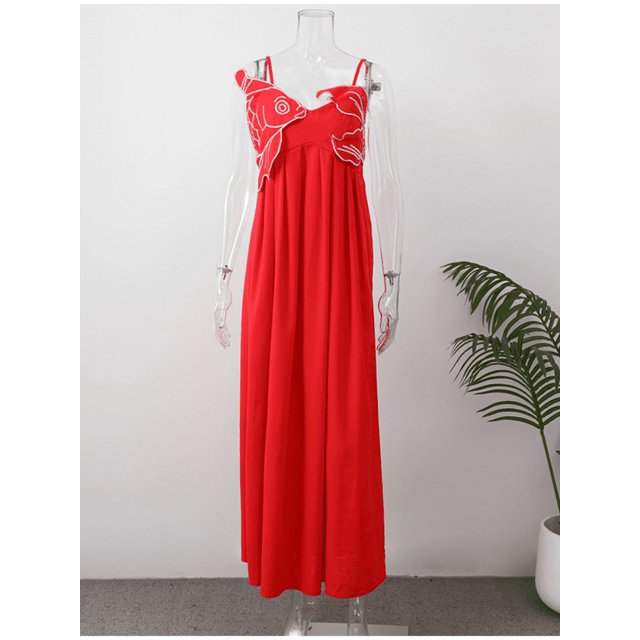 Vestido largo elegante con estampado de peces Koi para mujer, vestido largo sexi con Espalda descubierta, sin mangas, holgado, para fiesta y playa