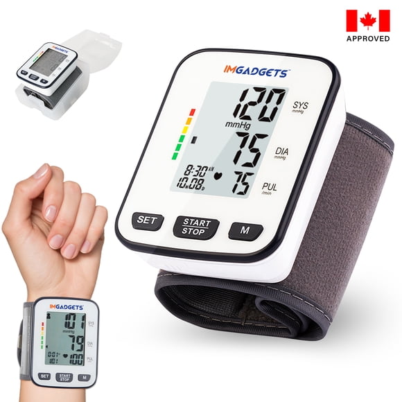 IMGadgets Moniteur de Pression Artérielle (Poignet) / Grand Écran Rétroéclairé HD pour la Maison et les Voyages / Moniteur Numérique de Poignet BP avec Indicateur WHO / Détection de Battement Cardiaque Irrégulier / BPM Portable Précis