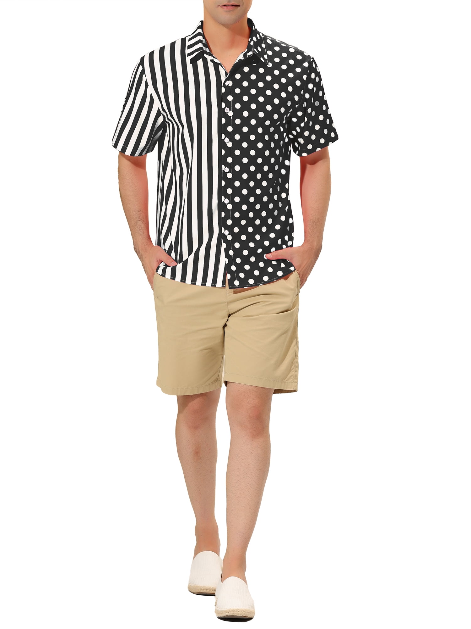 Unique Bargains Men's Summer Stripe Polka Dots Short Sleeves Button Patchwork Shirt XL Black White