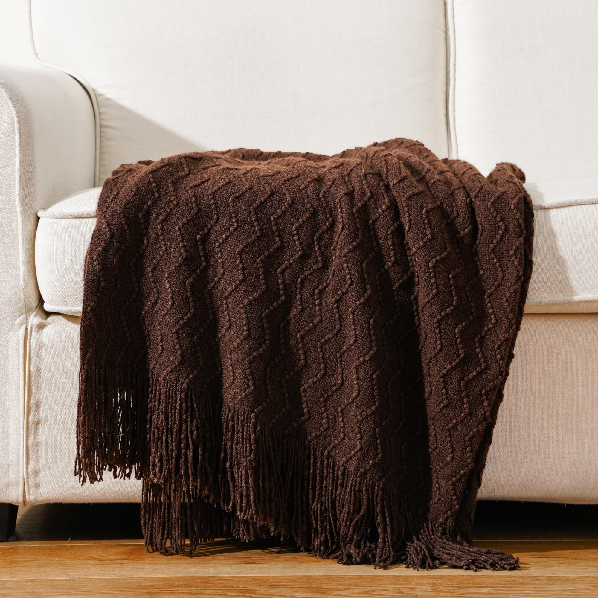Battilo Brown Throw Blanket for Couch Bed Sofa,Boho Decorative Chocolate Brown Knit Throw,50"x60"