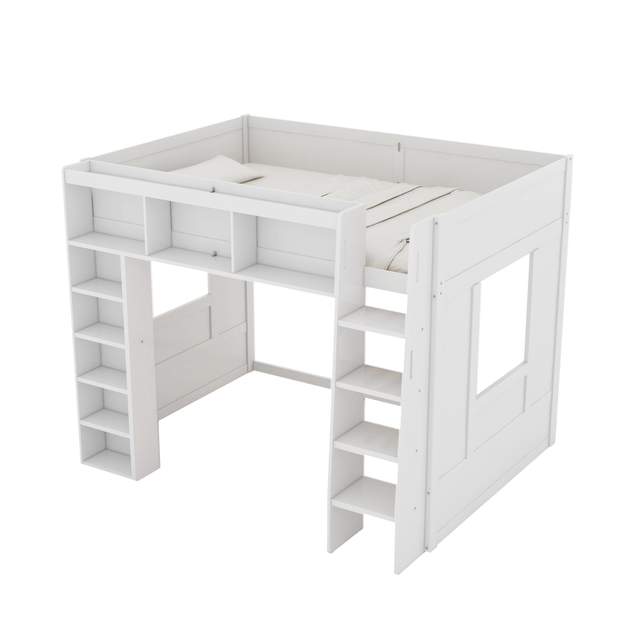 Noble House Corlan Queen Size Wooden Loft Bed with Storage Cabinets and Bookshelves, Heavy Duty, White