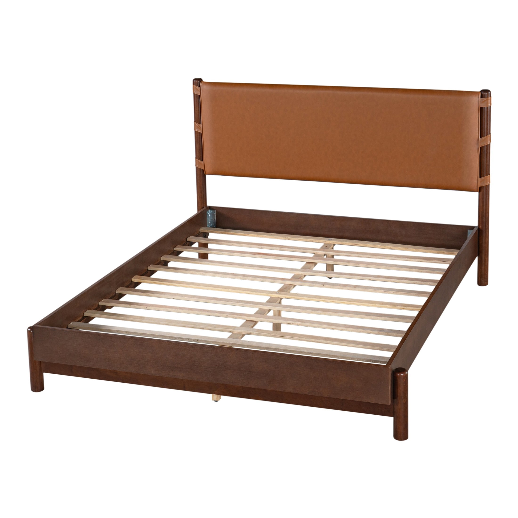 Christopher Knight Home Queen Modern Wood Platform Bed with PU Upholstered Headboard, Walnut+Brown