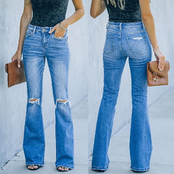 Women'S Ripped Jeans Casual Slim Fit High Waisted Stretchy Flare Trousers Denim Pants Blue S