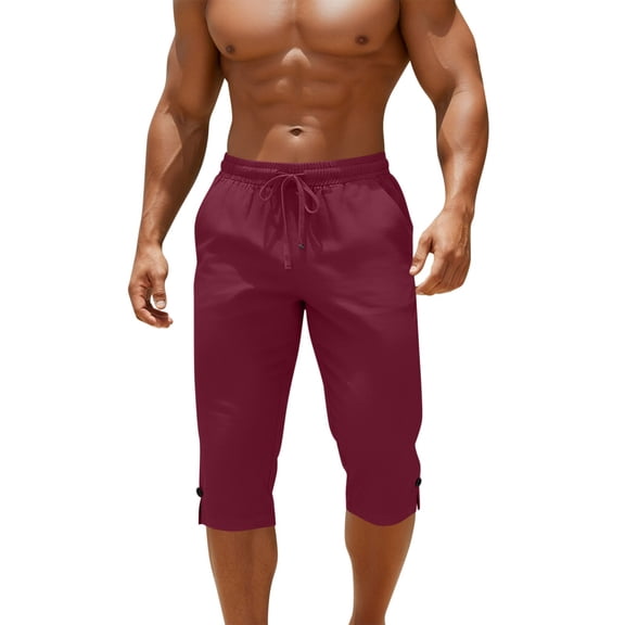 UAMVSH Men's Linen Capri Pants Side Split Summer Beach Yoga 3/4 Shorts Elastic Waist Drawstring Below Knee Casual Shorts with Pockets