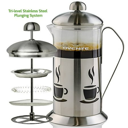 12 Ounce Coffee Press - Ovente French Press Cafetiere Coffee and Tea Maker, High-Grade Stainless Steel, Nickel Brushed, Heat-Resistant Borosilicate Glass, 20 oz (590 ml), 5-cup, Classy Cafe Design, FREE Measuring Scoop