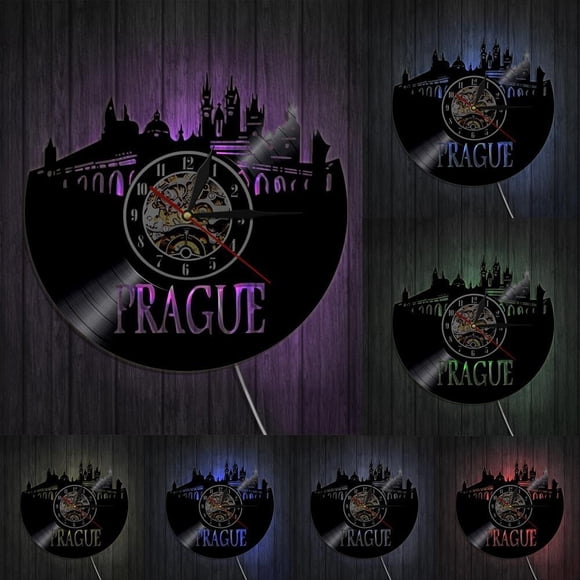 Travel Prague Wall Clock Czech Republic Cityscape Wall Art Vinyl Record Wall Clock Prague Skyline Home Decor Modern Wall Clock