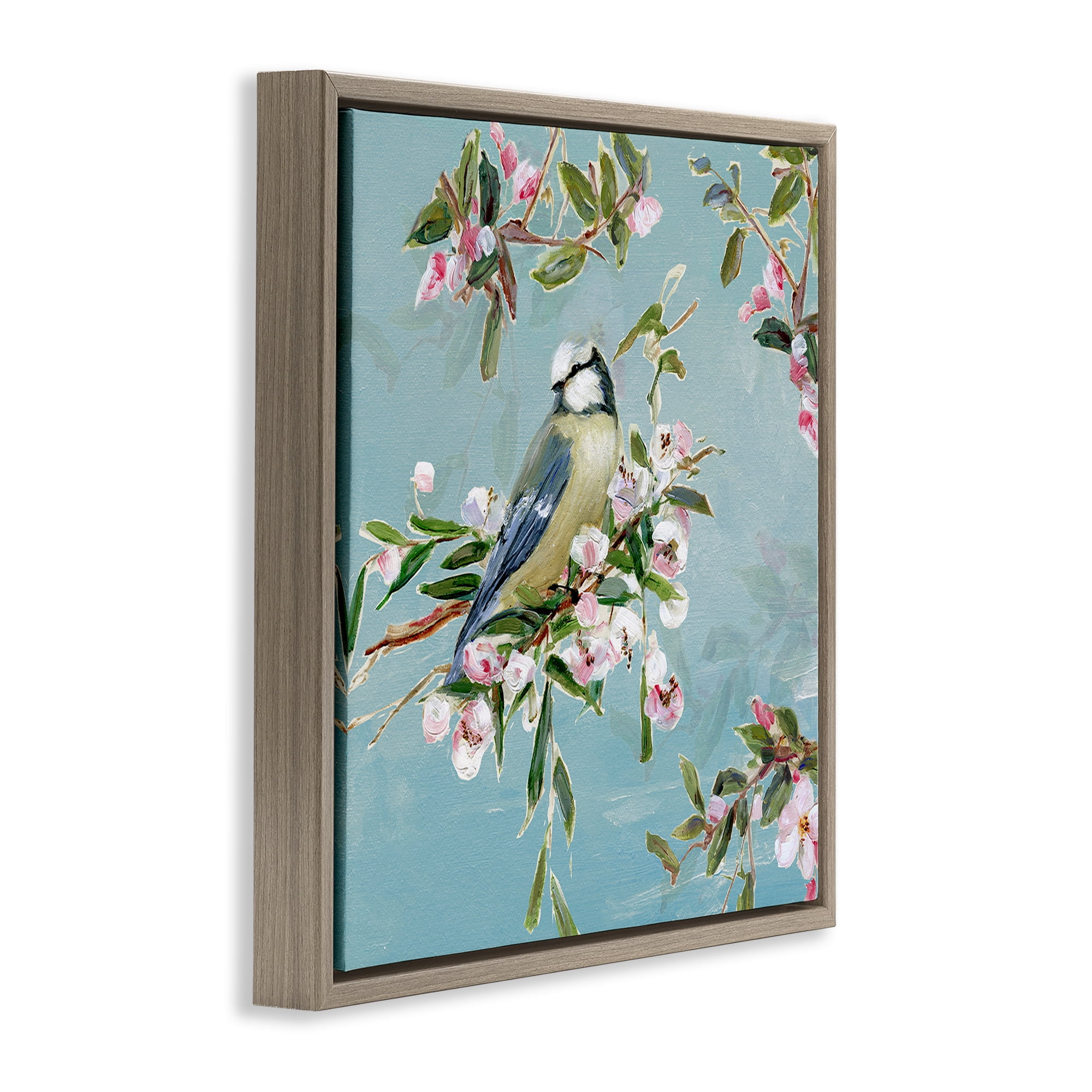 Stupell Industries Songbird Perched on Blooms Brown Framed Floater Canvas Wall Art, design by Sally Swatland