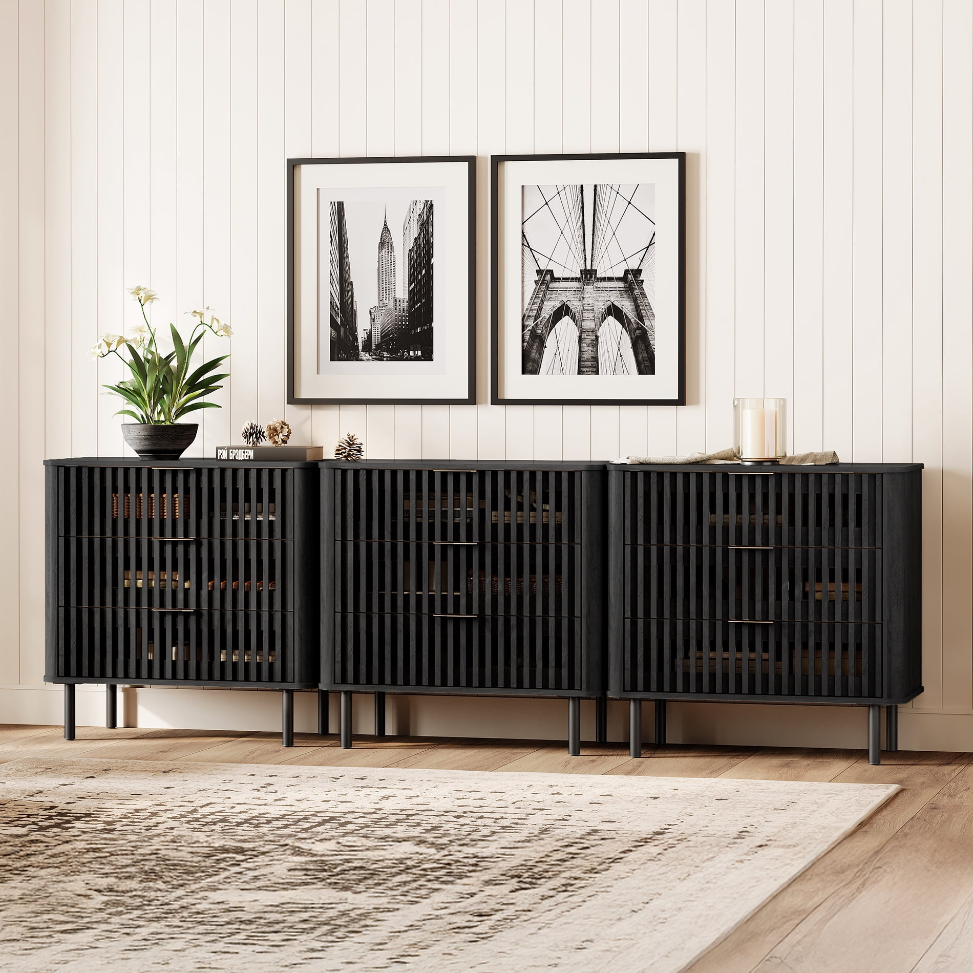 94.5"W Sideboard Buffet Cabinet with Storage, Fluted Kitchen Buffet Storage Cabinet with 9 Drawer, Large Coffee Bar Cabinet, Modern Buffet Table for Dining Living Room, Black