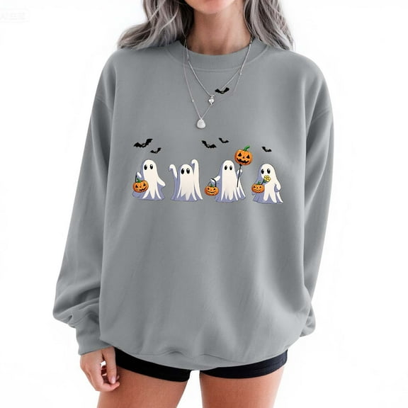 Tops for Women Halloween Printed Round Neck Long Sleeved Sweatshirts,Womens Sweatshirts Gray